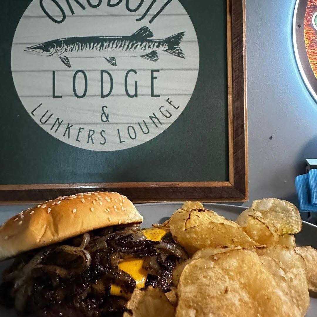 Burger and chips at Lunker's Lounge — Okoboji Lodge, Spirit Lake Iowa